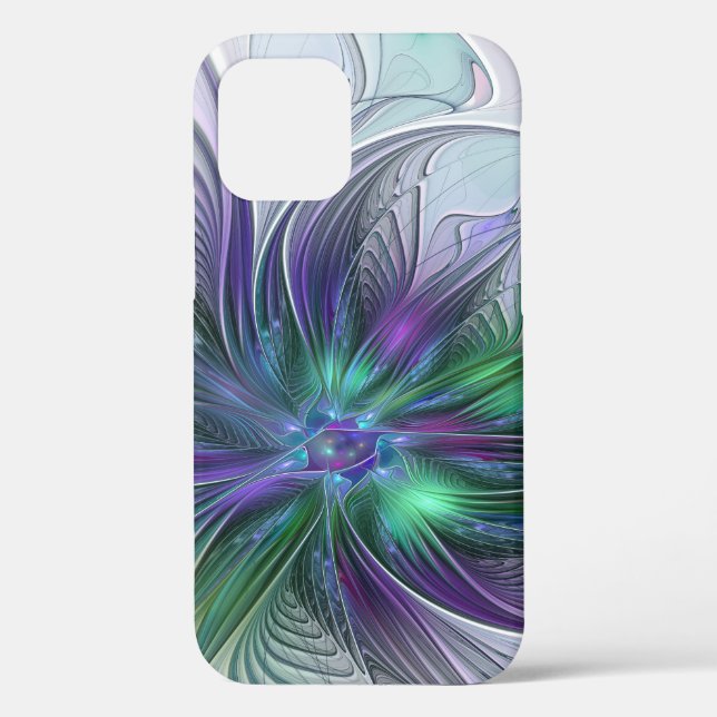 Coques Case-Mate iPhone Fleur Abstraite Moderne Art Fractal Vert Violet (Verso)