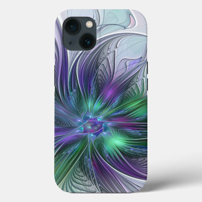 Coques Case-Mate iPhone Fleur Abstraite Moderne Art Fractal Vert Violet (Verso)