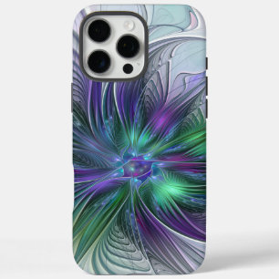 Coque iPhone 16 Pro Max Fleur Abstraite Moderne Fractale Verte Violette
