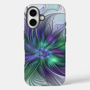 Coque Pour iPhone 16 Fleur Abstraite Moderne Fractale Verte Violette