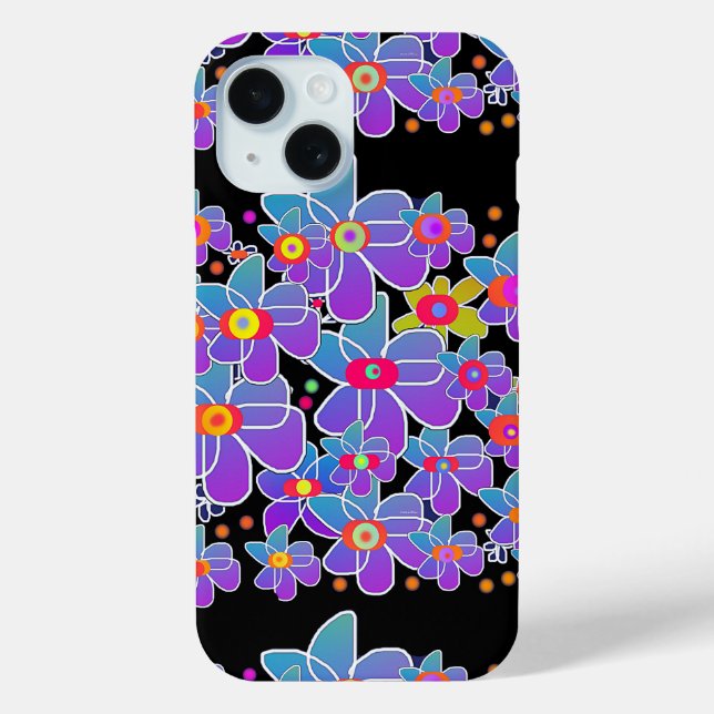 Coques Case-Mate iPhone Fleur bleu violet éclat noir (Verso)