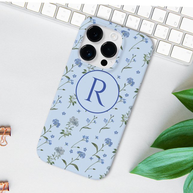 Coques Case-Mate iPhone Fleur Bleue Forget-me-not Aquarelle Monogrammée  (In situ)