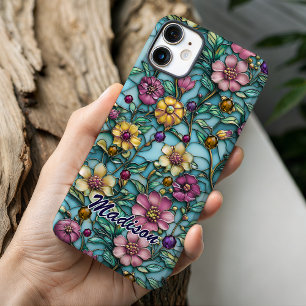 Coque Pour iPhone 16 Fleur botanique de verre teinté violet lumineux