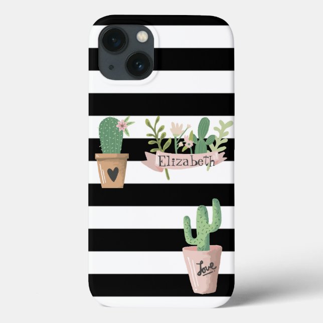 Coques Case-Mate iPhone Fleur de Cactus Rayures Noires et Blanches (Verso)