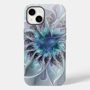 Coque Case-Mate iPhone Fleur de fractale moderne abstraite avec du bleu