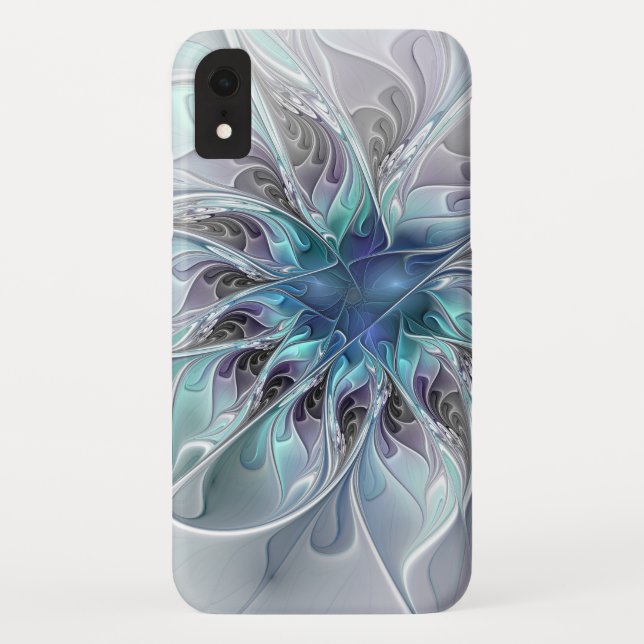 Coques Case-Mate iPhone Fleur de fractale moderne abstraite avec du bleu (Dos)