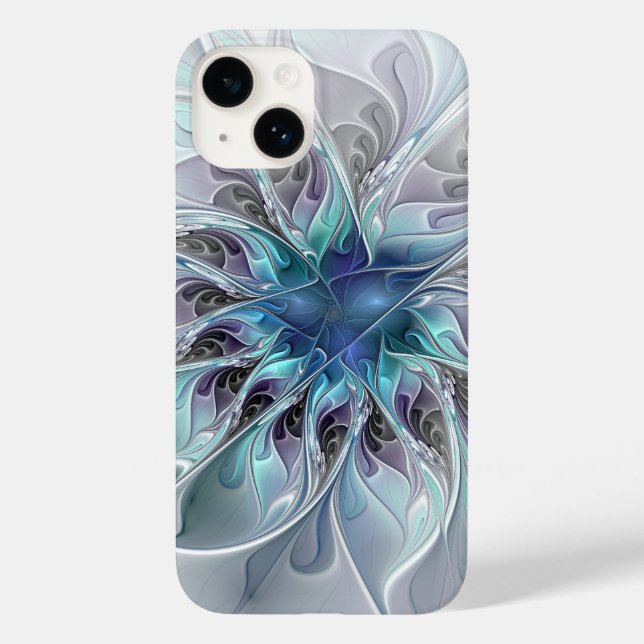 Coques Case-Mate iPhone Fleur de fractale moderne abstraite avec du bleu (Verso)