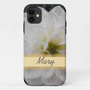 Coque iPhone 11 Fleur de jardin avec nom, dahlia blanc