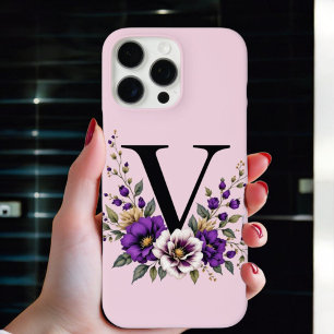 Coque iPhone 16 Pro Max Fleur de lavande : Monogramme Initial 'V'