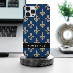 Coque Case-Mate iPhone Fleur de Lis, Beige sur Bleu Nuit, Royal, Votre No