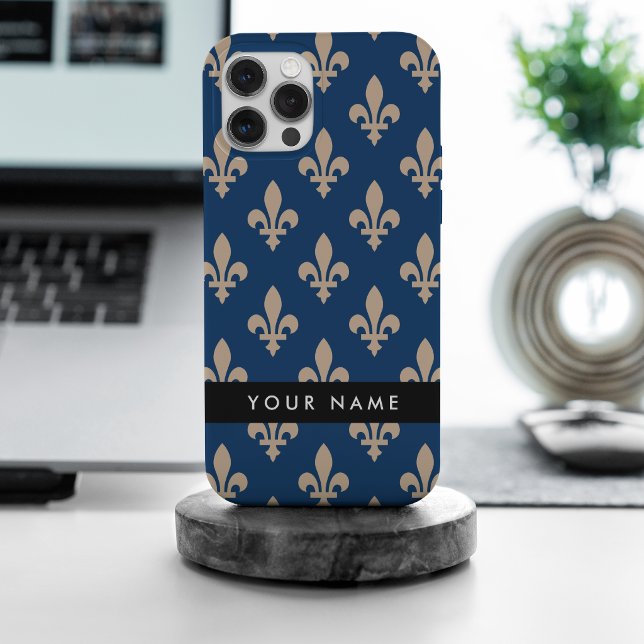 Coques Case-Mate iPhone Fleur de Lis, Beige sur Bleu Nuit, Royal, Votre No (Créateur téléchargé)