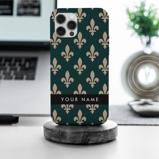Coques Case-Mate iPhone Fleur de Lis, Beige sur Vert, Royal, Votre Nom (Créateur téléchargé)
