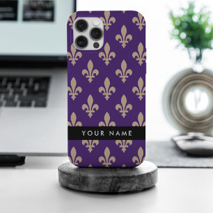 Coque Case-Mate iPhone Fleur de Lis, Beige sur Violet, Royal, Votre Nom