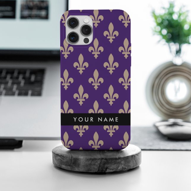 Coques Case-Mate iPhone Fleur de Lis, Beige sur Violet, Royal, Votre Nom (Créateur téléchargé)