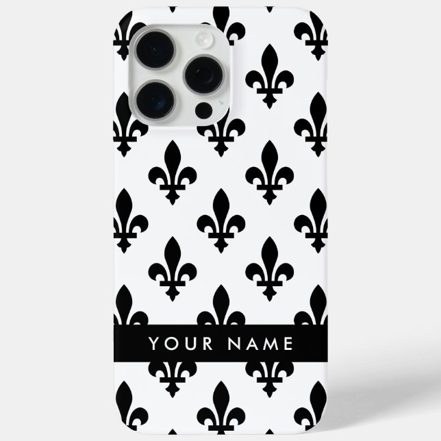 Coques Case-Mate iPhone Fleur de Lis, Black on White, Black, Your Name (Verso)