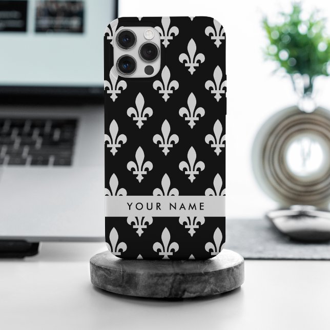 Coques Case-Mate iPhone Fleur de Lis, Blanc sur Noir, Blanc, Votre Nom (Créateur téléchargé)