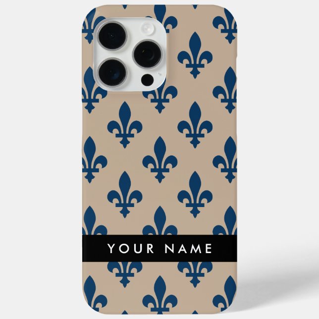 Coques Case-Mate iPhone Fleur de Lis, Bleu Marine sur Beige, Royal, Votre  (Verso)