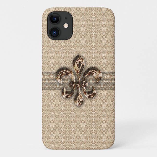 Coques Case-Mate iPhone Fleur de Lis d'or avec motif Damas de crème (Dos)