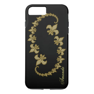 Coques Pour iPhone Fleur de lis dorée sur Monogramme personnalisé noi