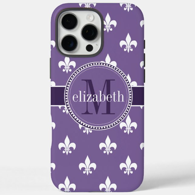 Coques Case-Mate iPhone Fleur de Lis Monogram violet blanc (Verso)