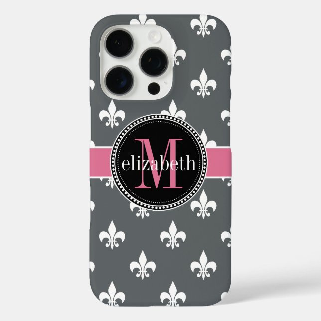 Coques Case-Mate iPhone Fleur de Lis Monogramme Gris Charbon Blanc Rose (Verso)
