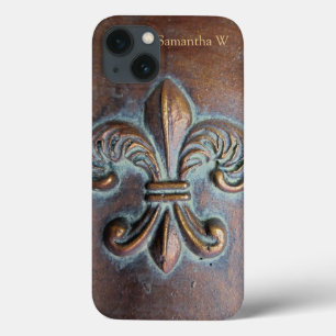 iPhone 13 Coque Fleur De Lis, Revêtement De Cuivre Âgé Imprimé