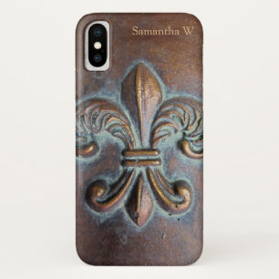 Coque iPhone X Fleur De Lis, Revêtement De Cuivre Âgé Imprimé