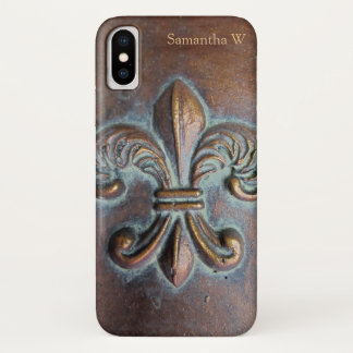Coque iPhone X Fleur De Lis, Revêtement De Cuivre Âgé Imprimé