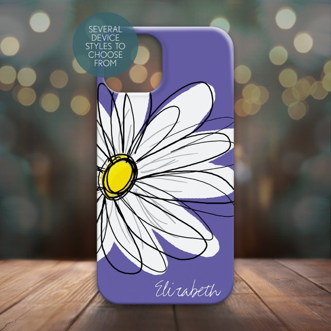 Coques Case-Mate iPhone Fleur de marguerite lunaire Illustration jaune vio (Personalized Phone Case - Whimsical Daisy with Custom Name)