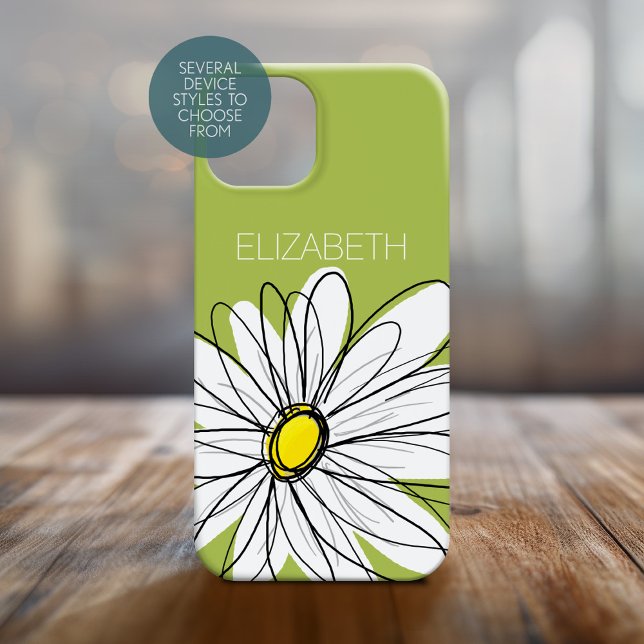 Coques Case-Mate iPhone Fleur de marguerite tendance Illustration chaux ve (Personalized Phone Case with Whimsical Daisy and Custom Name)
