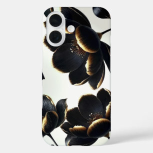 Coque Pour iPhone 16 Fleur de Noir et Or Greige Élégant Sombre Humeur