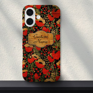 Coque Pour iPhone 16 Fleur de pavot à grain de bois vintage