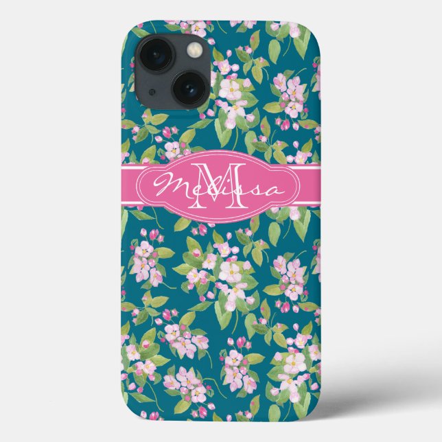 Coques Case-Mate iPhone Fleur de pomme rose monogramme sur bleu foncé (Verso)
