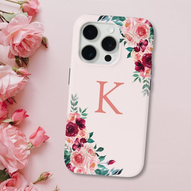 Coques Case-Mate iPhone Fleur de rose burgundy rose en aquarelle monogramm (In situ)