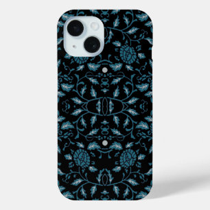 Coque Pour iPhone 15 Fleur élégante Noir et Turquoise Damas