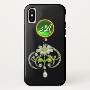 COQUE Case-Mate iPhone FLEUR ÉMAIL BLANC, MONOGRAMME PERLES ET DIAMANTS