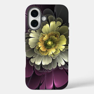 Coque Pour iPhone 16 Fleur fractale grise et pourpre moderne abstraite
