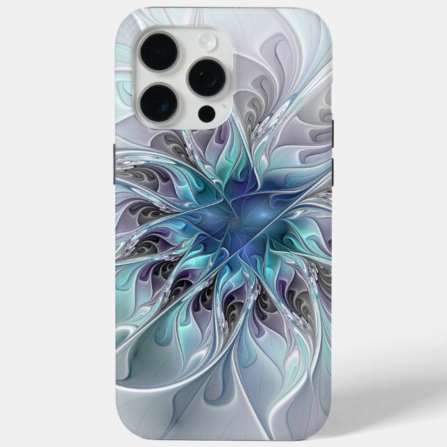 Coques Case-Mate iPhone Fleur fractale moderne abstraite avec du bleu (Verso)