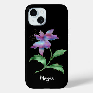 Coque Case-Mate iPhone Fleur iridescente sur fond noir, nom en écriture