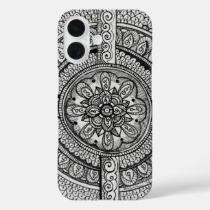 Coque Pour iPhone 16 Fleur Mandala noir et blanc à motif floral