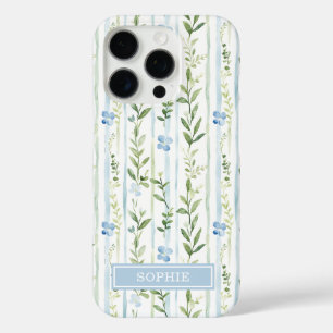 Coque iPhone 16 Pro Fleur personnalisée rayée bleue