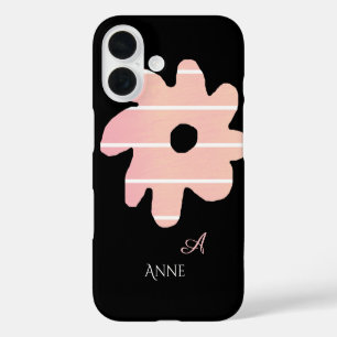 Coques iPhone 16 fleur rose rayée avec nom et initiale