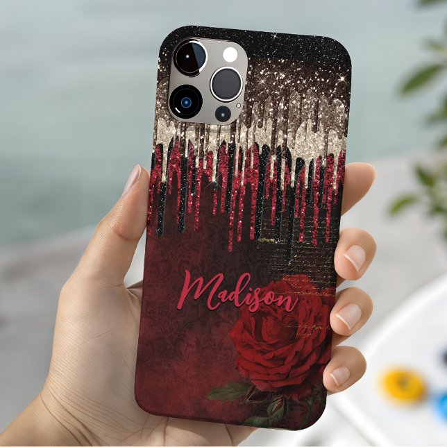 Coques Case-Mate iPhone Fleur rouge chic or gouttes scintillantes monogram (Créateur téléchargé)
