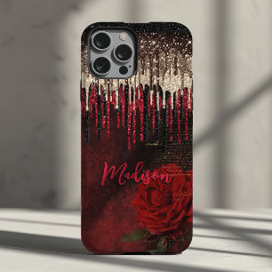 Coque Case-Mate iPhone Fleur rouge chic or gouttes scintillantes monogram