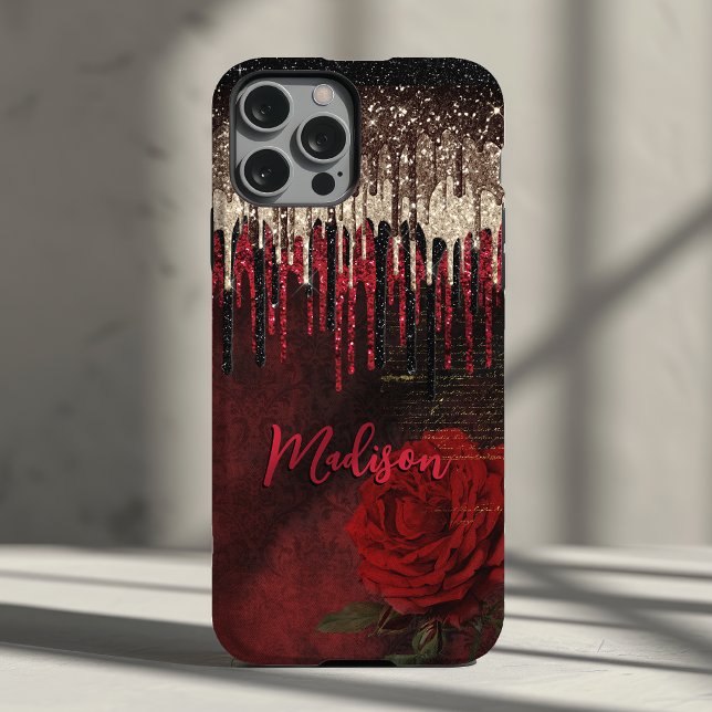 Coques Case-Mate iPhone Fleur rouge chic or gouttes scintillantes monogram (Créateur téléchargé)