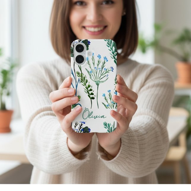 Coques Case-Mate iPhone Fleur sauvage aquarelle bleu vert  (Créateur téléchargé)