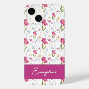 Coque Case-Mate iPhone Fleur sauvage aquarelle rose violet nom personnali