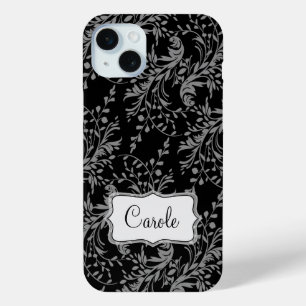 Coque Case-Mate iPhone Fleur sauvage damask noir gris nommé