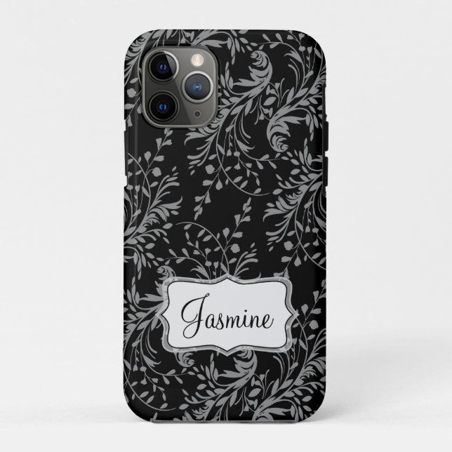 Coques Case-Mate iPhone Fleur sauvage damask noir gris nommé (Dos)