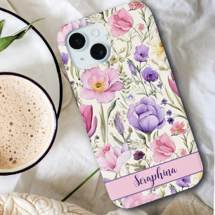 Coque Case-Mate iPhone Fleur sauvage de printemps Pastel rose violet Nom 